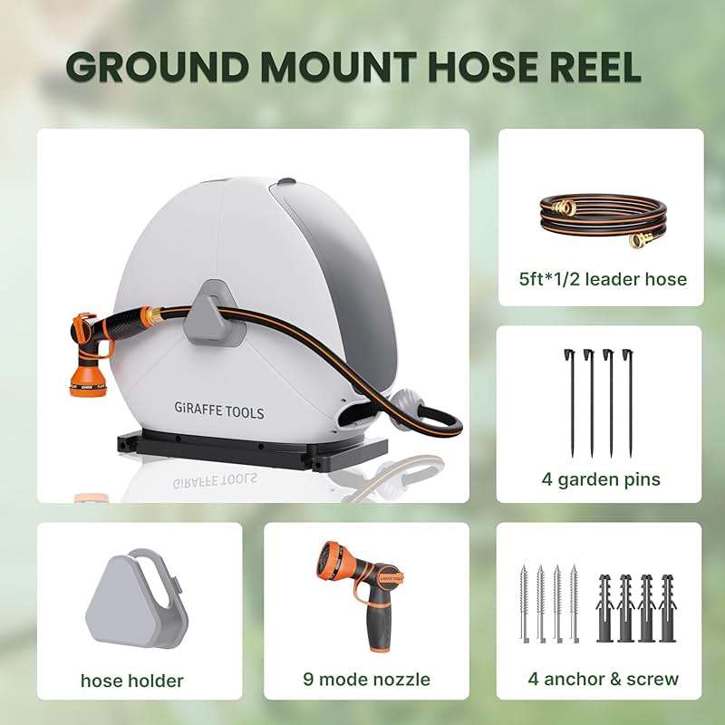 Giraffe Tools Retractable Heavy Duty Hose Reel, 1/2" x 82FT Automatic Rewind Garden Hose Reel with 360° Swivel Base, Ground Mounted for Lawn, Patio, Concrete Floor & Yard Watering - Image 2