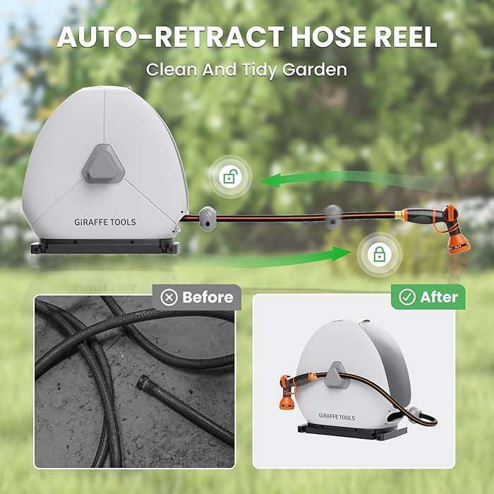 Giraffe Tools Retractable Heavy Duty Hose Reel, 1/2" x 82FT Automatic Rewind Garden Hose Reel with 360° Swivel Base, Ground Mounted for Lawn, Patio, Concrete Floor & Yard Watering - Image 6