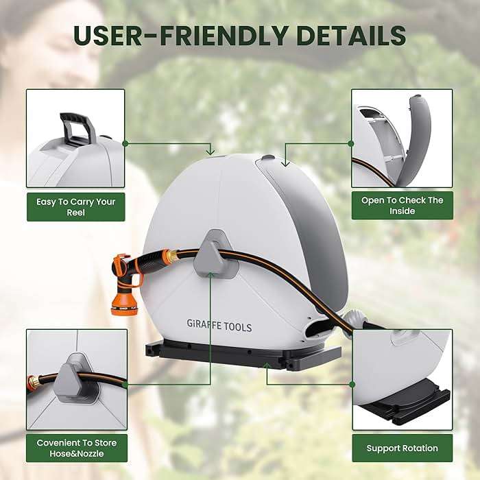 Giraffe Tools Retractable Heavy Duty Hose Reel, 1/2" x 82FT Automatic Rewind Garden Hose Reel with 360° Swivel Base, Ground Mounted for Lawn, Patio, Concrete Floor & Yard Watering - Image 7