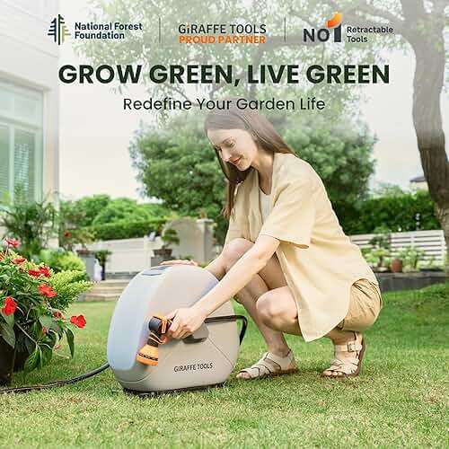Giraffe Tools Retractable Heavy Duty Hose Reel, 1/2" x 82FT Automatic Rewind Garden Hose Reel with 360° Swivel Base, Ground Mounted for Lawn, Patio, Concrete Floor & Yard Watering - Image 9