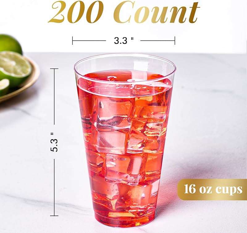 FOCUSLINE 200 Pack 16 oz Clear Plastic Cups, Large Disposable Cups Plastic Party Cup, 16 Ounce Heavy duty Clear Cups for Party, Thanksgiving, Halloween, Christmas - Image 3