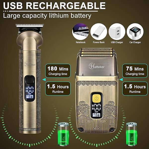 Hatteker Professional Hair Clipper Electric Razor Foil Shavers for Men Body Nose Ear Hair Grooming Kit with Triple Blades Cordless Waterproof - Image 4