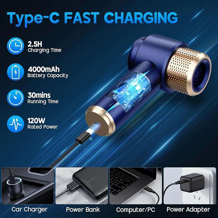 JONYJ Handheld Car Vacuum Cleaner, 16000PA Hand Held Vacuum Portable Cordless, 2 in 1 Air Duster and Vacuum Cleaner with LED Light, Multi-Nozzles, 120W High Power Mini Vacuum for Home, Pet, Office - Image 5