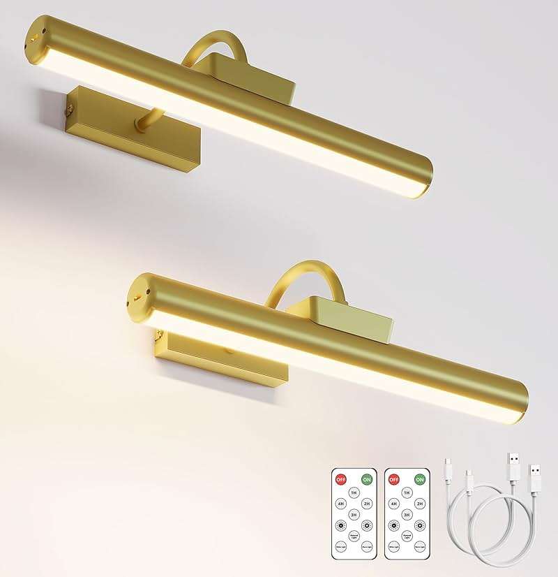 13" Aluminum Wireless Picture Lights for Wall, 5000mAh Rechargeable Battery Operated Wall Art Lighting, Dimmable 3-Color Gallery Painting Light for Pictures On Wall, with Remote/Timer [Gold, 2Pack] - Image 1