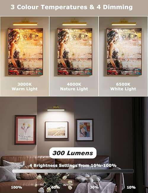 13" Aluminum Wireless Picture Lights for Wall, 5000mAh Rechargeable Battery Operated Wall Art Lighting, Dimmable 3-Color Gallery Painting Light for Pictures On Wall, with Remote/Timer [Gold, 2Pack] - Image 3