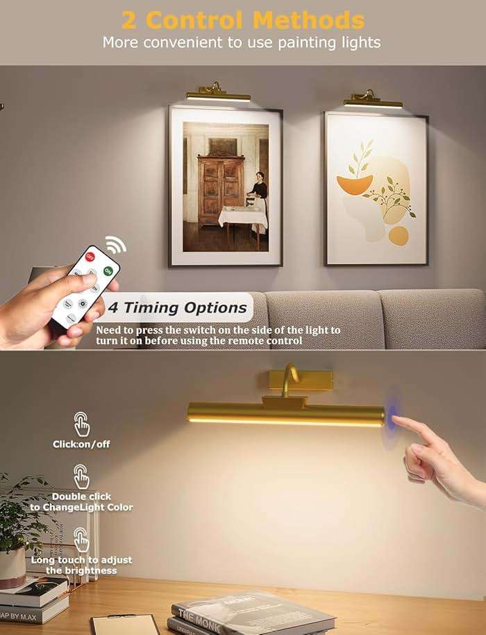 13" Aluminum Wireless Picture Lights for Wall, 5000mAh Rechargeable Battery Operated Wall Art Lighting, Dimmable 3-Color Gallery Painting Light for Pictures On Wall, with Remote/Timer [Gold, 2Pack] - Image 4