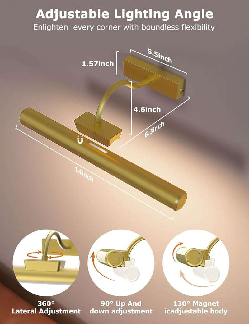 13" Aluminum Wireless Picture Lights for Wall, 5000mAh Rechargeable Battery Operated Wall Art Lighting, Dimmable 3-Color Gallery Painting Light for Pictures On Wall, with Remote/Timer [Gold, 2Pack] - Image 5