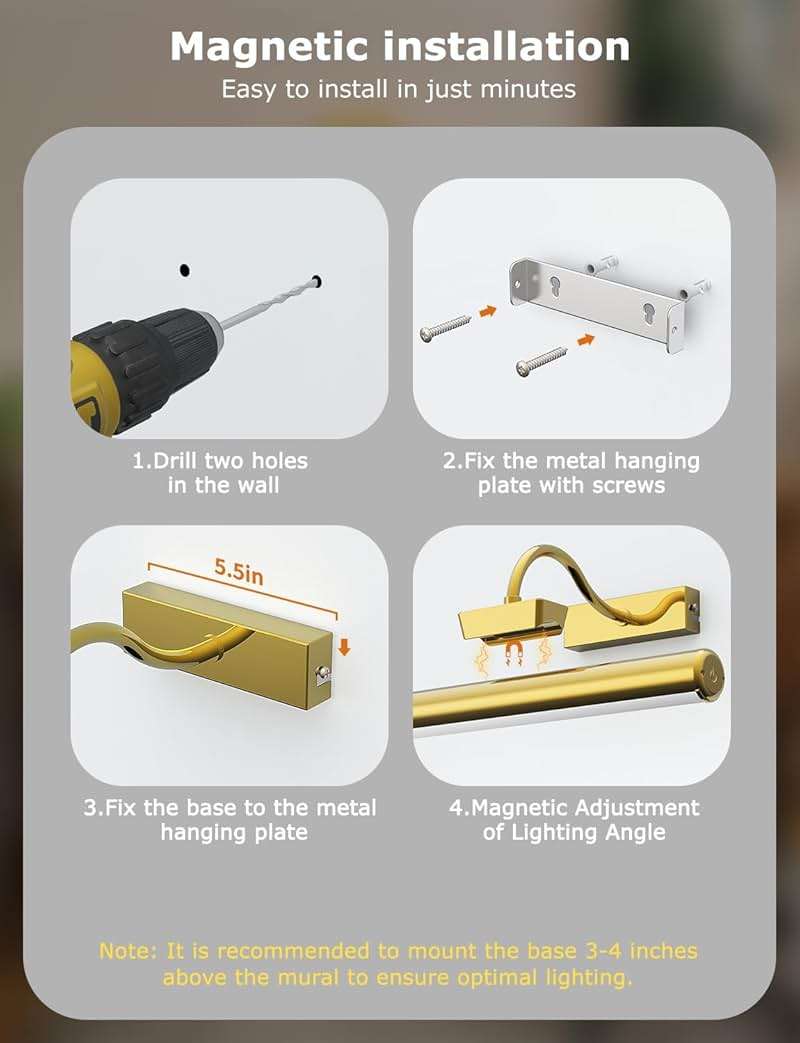 13" Aluminum Wireless Picture Lights for Wall, 5000mAh Rechargeable Battery Operated Wall Art Lighting, Dimmable 3-Color Gallery Painting Light for Pictures On Wall, with Remote/Timer [Gold, 2Pack] - Image 7
