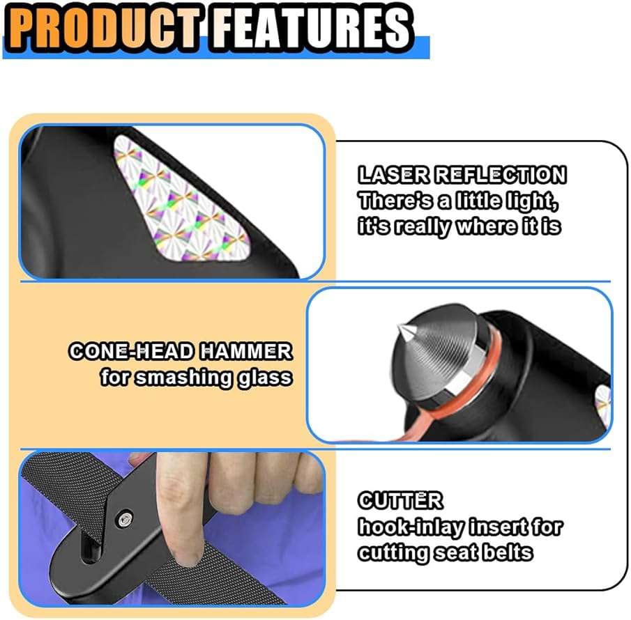 Car Safety Hammer, 3-in-1 Car Emergency Escape Tool with Window Breaker & Seat Belt Cutter, Car Emergency Kit Gadgets for Car, Office, Home (Black, 1pcs) - Image 3