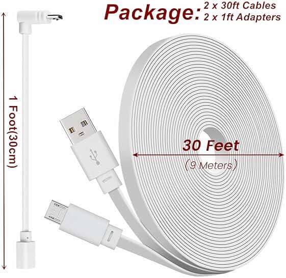 2 Pack 30ft Power Extension Cable Compatible with Wyze Cam v4,Wyze Cam Pan v3,Wyze OG,Wyze Cam v3 and v3 Pro Security Camera - 9m Long Flat USB to Micro USB Charging Cord with L-Shaped Adapter, White - Image 7