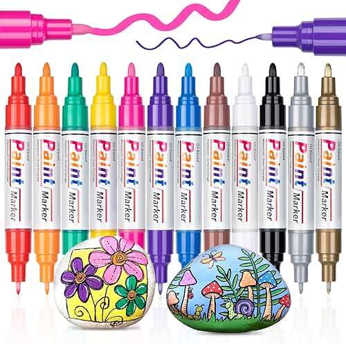 KERIFI Oil Based Paint Markers, 12 Colors Dual Tip Waterproof Outdoor Paint Pens, Quick-Dry, Permanent Markers for Metal Glass Wood Rock Painting Fabric Tire Plastic Canvas Ceramic DIY Art Craft - Image 1