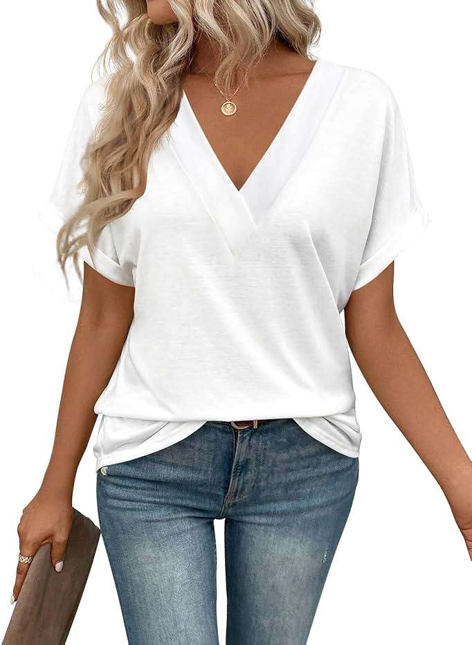 T Shirts Short Sleeve V Neck Tees Womens Tops Beach Vacation Fashion Clothes 2026 Casual Summer Spring Fall Outfits - Image 1