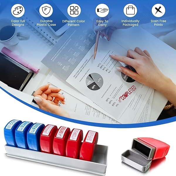 8PCS Office Stamps Set, Paid Scanned Approved Copy Faxed Completed Entered Return to Sender Message Stamp with Storage Tray, Rubber Business Stamp in Red and Blue Ink, Account Finance Staff Supplies - Image 3