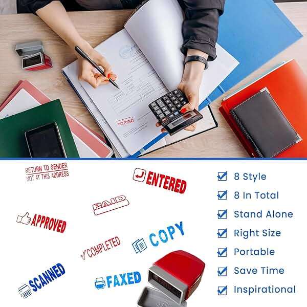 8PCS Office Stamps Set, Paid Scanned Approved Copy Faxed Completed Entered Return to Sender Message Stamp with Storage Tray, Rubber Business Stamp in Red and Blue Ink, Account Finance Staff Supplies - Image 6