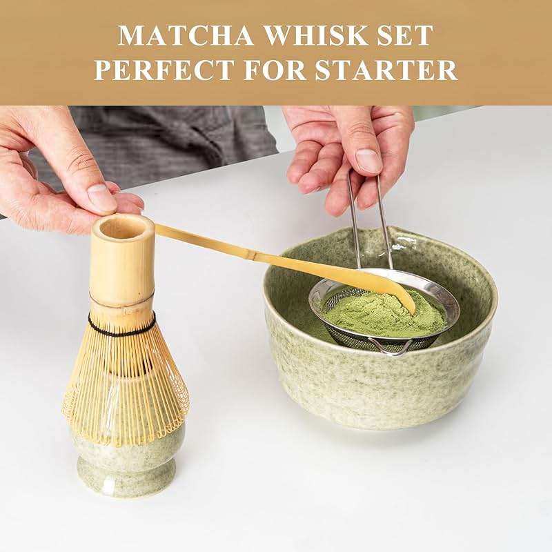 Matcha Whisk Set, Matcha Making Kit Whisk (Chasen Holder), Ceramic Whisk Holder (Mottled Green), Bamboo Scoop, Powder Starter Sifter, Spoon Japanese Tea Tools For Ceremony Gift - Image 3