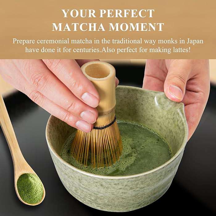Matcha Whisk Set, Matcha Making Kit Whisk (Chasen Holder), Ceramic Whisk Holder (Mottled Green), Bamboo Scoop, Powder Starter Sifter, Spoon Japanese Tea Tools For Ceremony Gift - Image 4