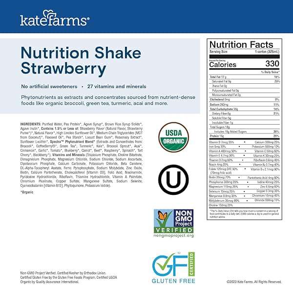 KATE FARMS Organic Nutrition Shake, Strawberry, 16g Protein, 27 Vitamins and Minerals, Meal Replacement, 11 oz (12 Pack) - Image 3