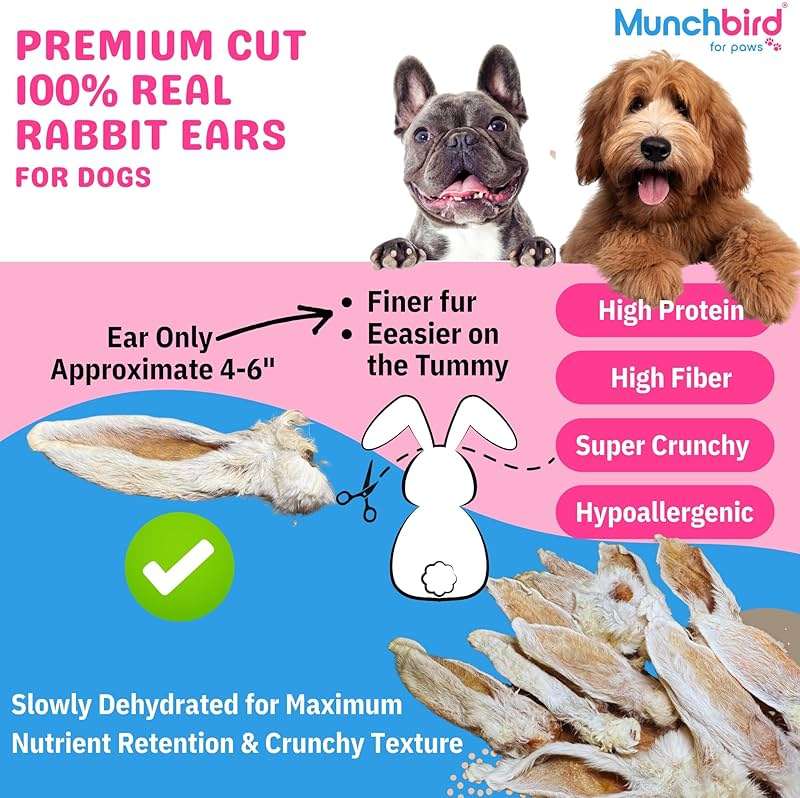 Munchbird Dehydrated Rabbit Ears 100g (3.5 oz) 12-15 pcs for Dogs, European Furry Rabbit Ear Natural Fiber for Pets, Rawhide Free Alternative to Pig Ears Dog Treats, Ear Size Varies - Image 2
