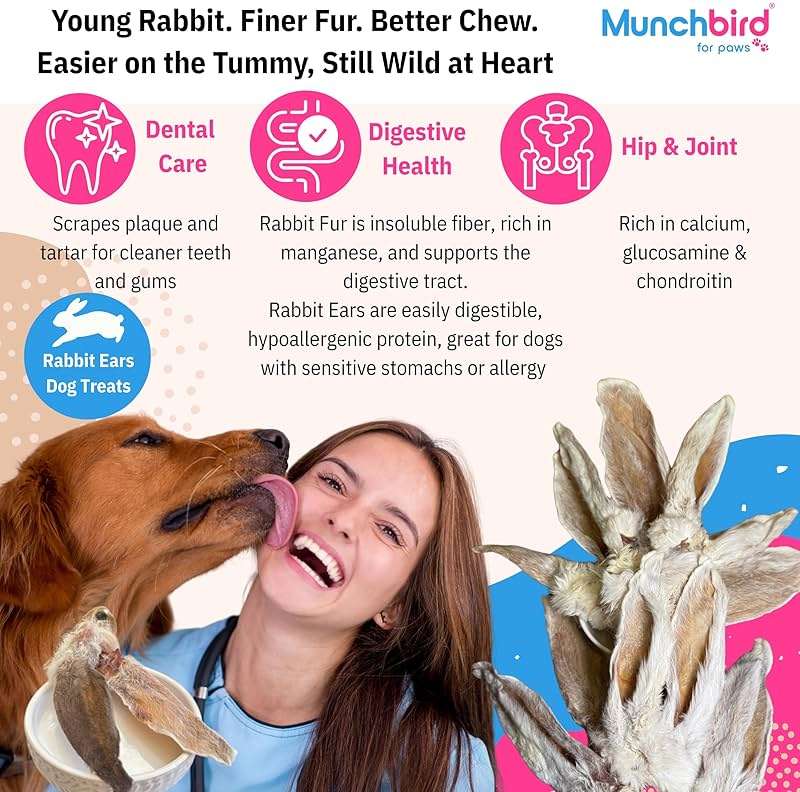 Munchbird Dehydrated Rabbit Ears 100g (3.5 oz) 12-15 pcs for Dogs, European Furry Rabbit Ear Natural Fiber for Pets, Rawhide Free Alternative to Pig Ears Dog Treats, Ear Size Varies - Image 3