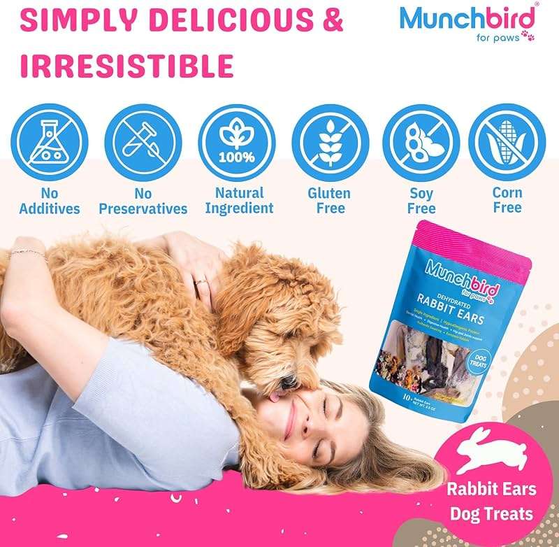 Munchbird Dehydrated Rabbit Ears 100g (3.5 oz) 12-15 pcs for Dogs, European Furry Rabbit Ear Natural Fiber for Pets, Rawhide Free Alternative to Pig Ears Dog Treats, Ear Size Varies - Image 4