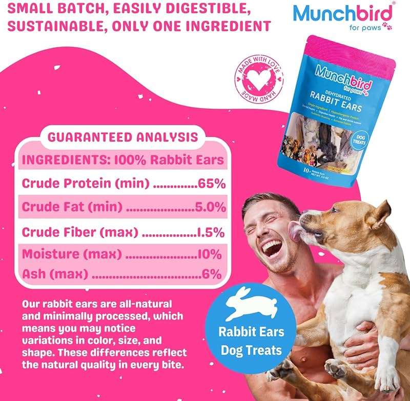 Munchbird Dehydrated Rabbit Ears 100g (3.5 oz) 12-15 pcs for Dogs, European Furry Rabbit Ear Natural Fiber for Pets, Rawhide Free Alternative to Pig Ears Dog Treats, Ear Size Varies - Image 6