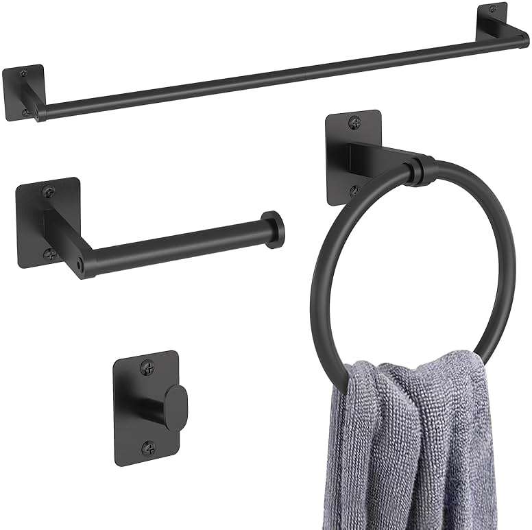 Matte Black Bathroom Accessories Set, KLJKPA 4 Pieces Bathroom Hardware Set, 24 inch Towel Bar, Towel Racks for Bathroom, Robe Towel Hooks, Toilet Paper Holder Wall Mounted - Image 1