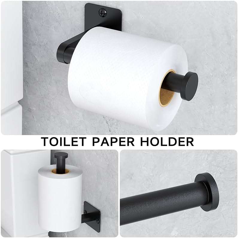 Matte Black Bathroom Accessories Set, KLJKPA 4 Pieces Bathroom Hardware Set, 24 inch Towel Bar, Towel Racks for Bathroom, Robe Towel Hooks, Toilet Paper Holder Wall Mounted - Image 5