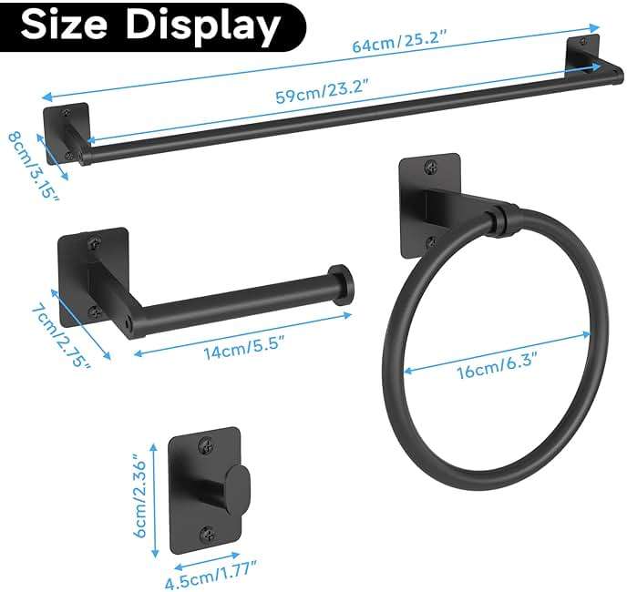 Matte Black Bathroom Accessories Set, KLJKPA 4 Pieces Bathroom Hardware Set, 24 inch Towel Bar, Towel Racks for Bathroom, Robe Towel Hooks, Toilet Paper Holder Wall Mounted - Image 7