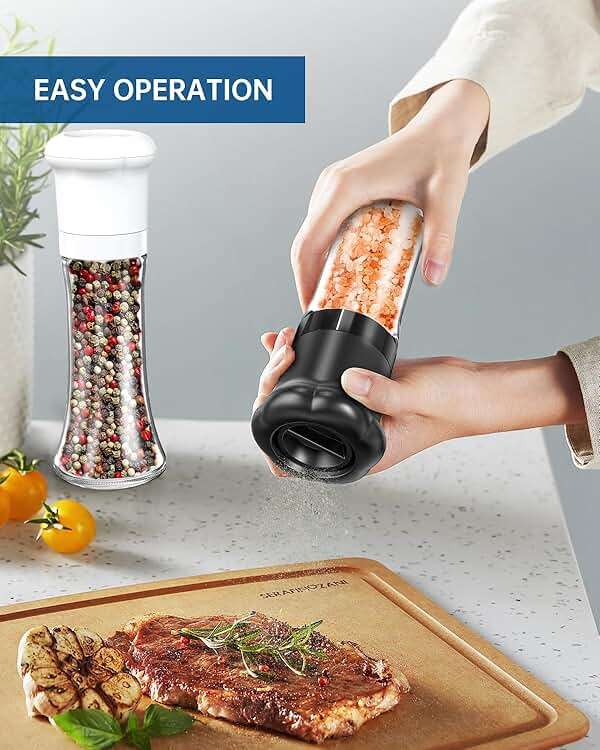CIRCLE JOY Premium Manual Salt and Pepper Grinder Set, Refillable Salt and Pepper Shakers with Ceramic Blades, Adjustable Coarseness and BPA-free 180ml Glass Container, Tall Black White - Image 2