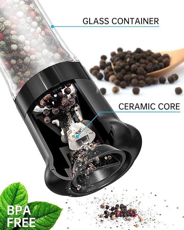 CIRCLE JOY Premium Manual Salt and Pepper Grinder Set, Refillable Salt and Pepper Shakers with Ceramic Blades, Adjustable Coarseness and BPA-free 180ml Glass Container, Tall Black White - Image 4