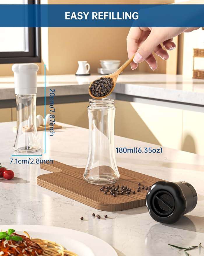 CIRCLE JOY Premium Manual Salt and Pepper Grinder Set, Refillable Salt and Pepper Shakers with Ceramic Blades, Adjustable Coarseness and BPA-free 180ml Glass Container, Tall Black White - Image 5