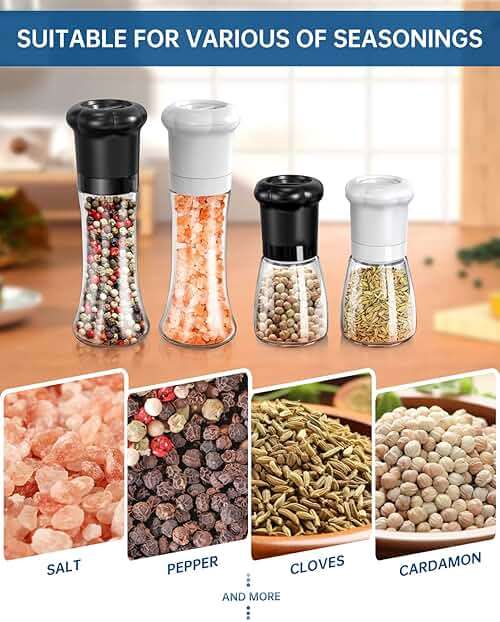 CIRCLE JOY Premium Manual Salt and Pepper Grinder Set, Refillable Salt and Pepper Shakers with Ceramic Blades, Adjustable Coarseness and BPA-free 180ml Glass Container, Tall Black White - Image 6