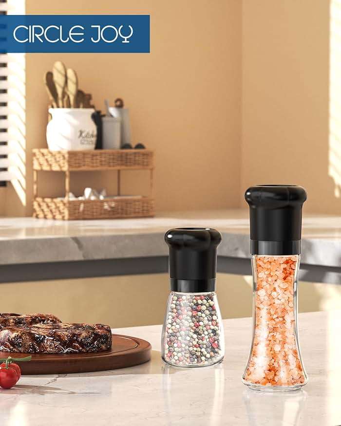 CIRCLE JOY Premium Manual Salt and Pepper Grinder Set, Refillable Salt and Pepper Shakers with Ceramic Blades, Adjustable Coarseness and BPA-free 180ml Glass Container, Tall Black White - Image 7