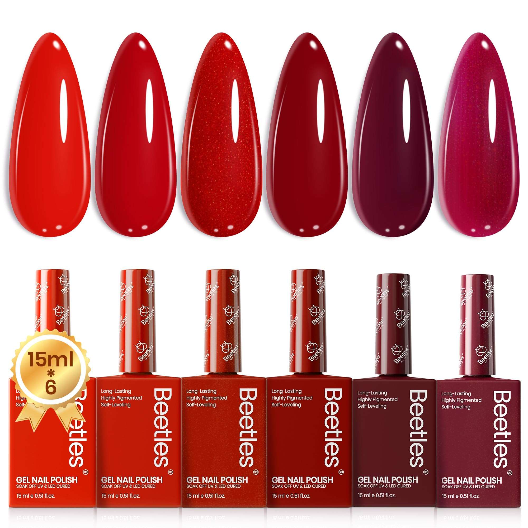Beetles Red Gel Nail Polish Set-15ML 6 Colors Shimmer Bloody Wine Burgundy Gel Polish Kit Soak Off UV Full Size Nail Art Salon Design DIY Gift for Women Colorful Bottle - Image 1