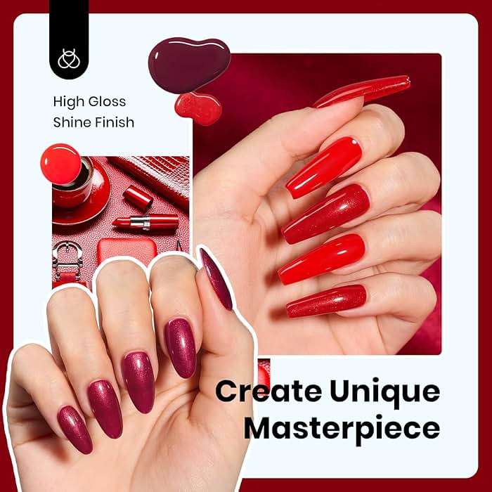 Beetles Red Gel Nail Polish Set-15ML 6 Colors Shimmer Bloody Wine Burgundy Gel Polish Kit Soak Off UV Full Size Nail Art Salon Design DIY Gift for Women Colorful Bottle - Image 2