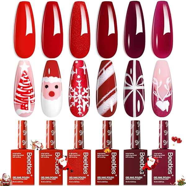 Beetles Red Gel Nail Polish Set-15ML 6 Colors Shimmer Bloody Wine Burgundy Gel Polish Kit Soak Off UV Full Size Nail Art Salon Design DIY Gift for Women Colorful Bottle - Image 8