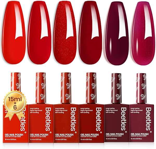 Beetles Red Gel Nail Polish Set-15ML 6 Colors Shimmer Bloody Wine Burgundy Gel Polish Kit Soak Off UV Full Size Nail Art Salon Design DIY Gift for Women Colorful Bottle - Image 9