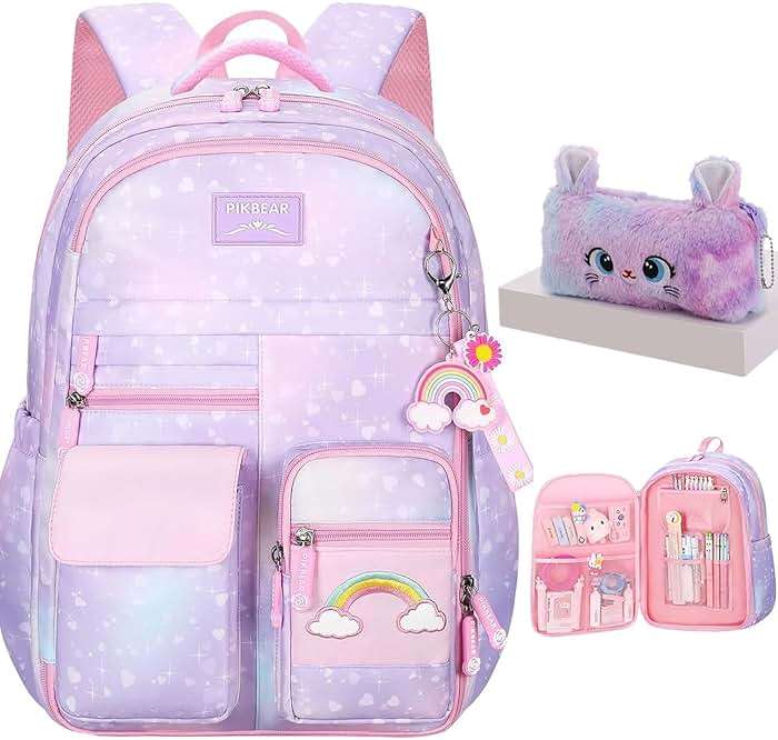 Kids Backpack for Girls Girls Backpack Rainbow School Bag for Elementary Primary School With Pen Bag -16inch Purple - Image 1