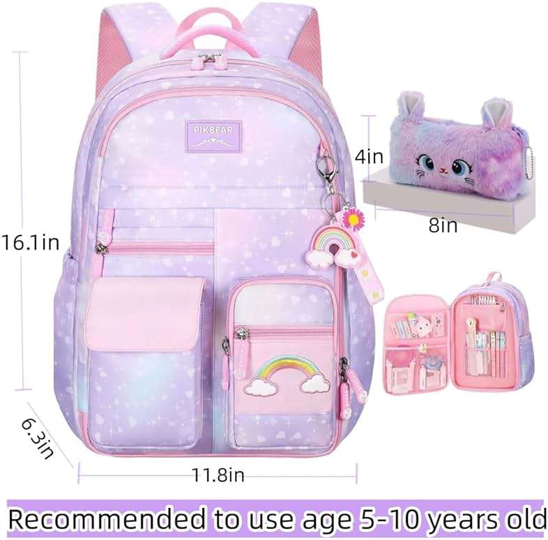 Kids Backpack for Girls Girls Backpack Rainbow School Bag for Elementary Primary School With Pen Bag -16inch Purple - Image 2