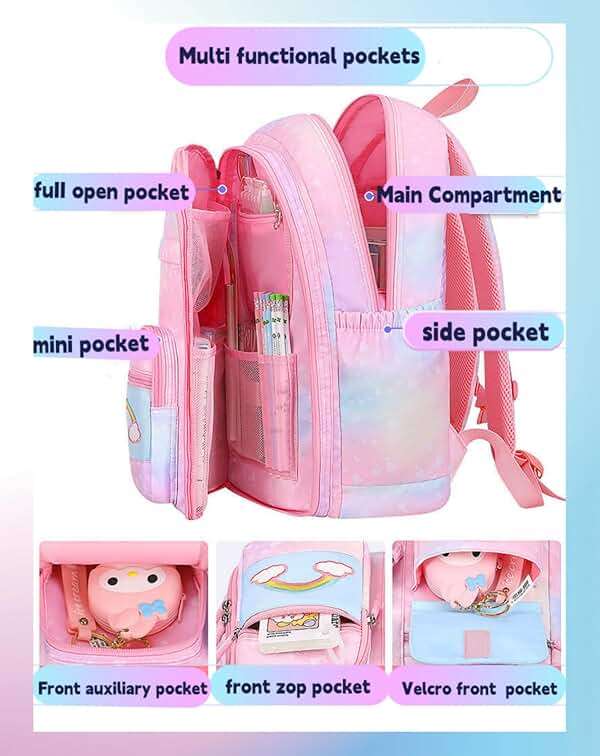 Kids Backpack for Girls Girls Backpack Rainbow School Bag for Elementary Primary School With Pen Bag -16inch Purple - Image 4