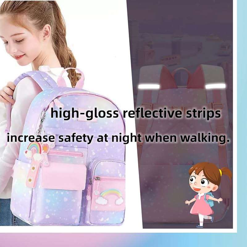 Kids Backpack for Girls Girls Backpack Rainbow School Bag for Elementary Primary School With Pen Bag -16inch Purple - Image 6