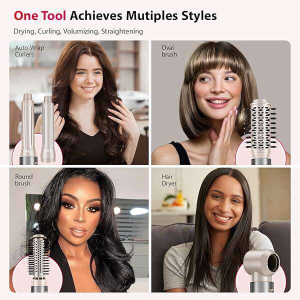 Hair Dryer 5 in 1 Hot Air Brush - 110,000 RPM High-Speed Negative Ionic Blow Dryer for Fast Drying, Multi-Styler with Auto-Wrap Curlers, Straightening Volumizing Combing Hair Styler, Multi Oval Brush - Image 2