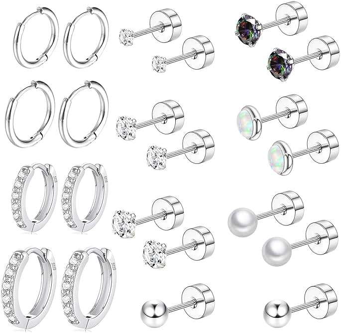 Surgical Steel Flat Back Earrings Set for Multiple Piercing Sensitive Ears,Sterling Silver Hypoallergenic Small Cartilage Huggie Hoop Earrings Titanium Tiny CZ Pearl Opal Stud Earrings for Women - Image 1