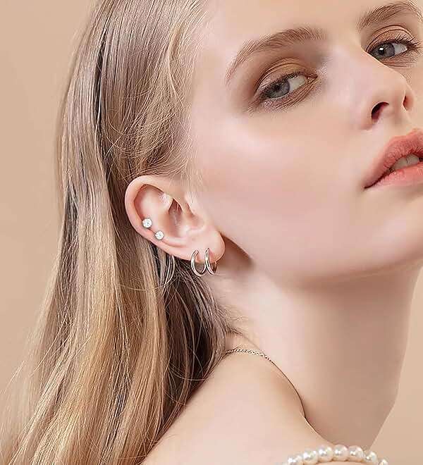 Surgical Steel Flat Back Earrings Set for Multiple Piercing Sensitive Ears,Sterling Silver Hypoallergenic Small Cartilage Huggie Hoop Earrings Titanium Tiny CZ Pearl Opal Stud Earrings for Women - Image 3