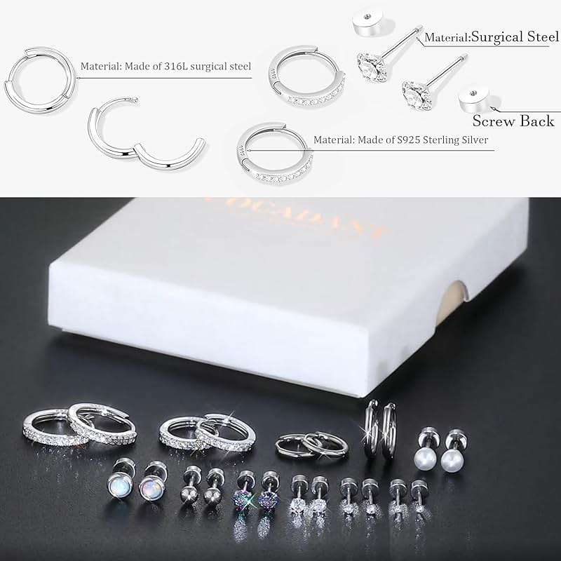 Surgical Steel Flat Back Earrings Set for Multiple Piercing Sensitive Ears,Sterling Silver Hypoallergenic Small Cartilage Huggie Hoop Earrings Titanium Tiny CZ Pearl Opal Stud Earrings for Women - Image 5