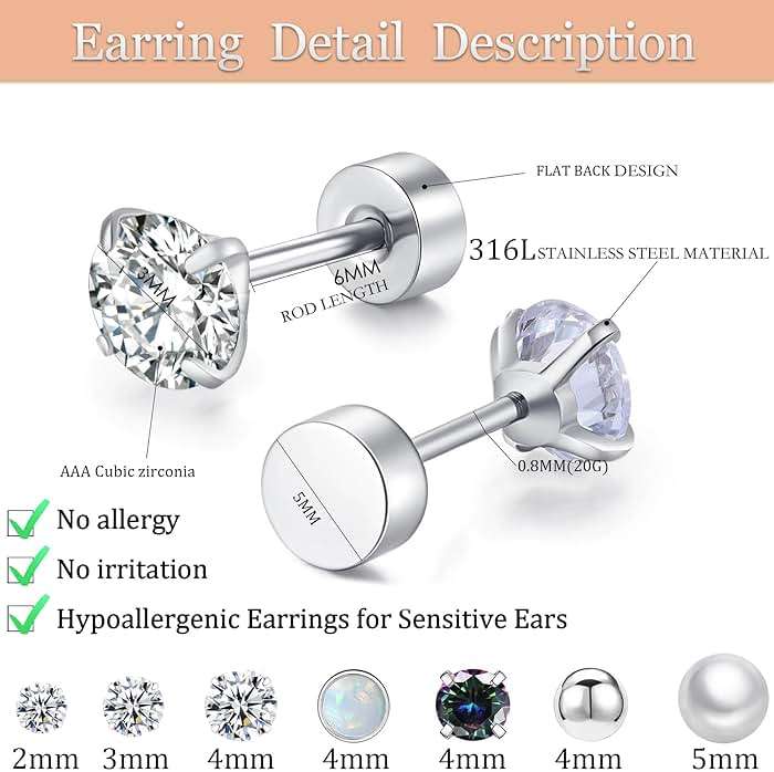 Surgical Steel Flat Back Earrings Set for Multiple Piercing Sensitive Ears,Sterling Silver Hypoallergenic Small Cartilage Huggie Hoop Earrings Titanium Tiny CZ Pearl Opal Stud Earrings for Women - Image 6