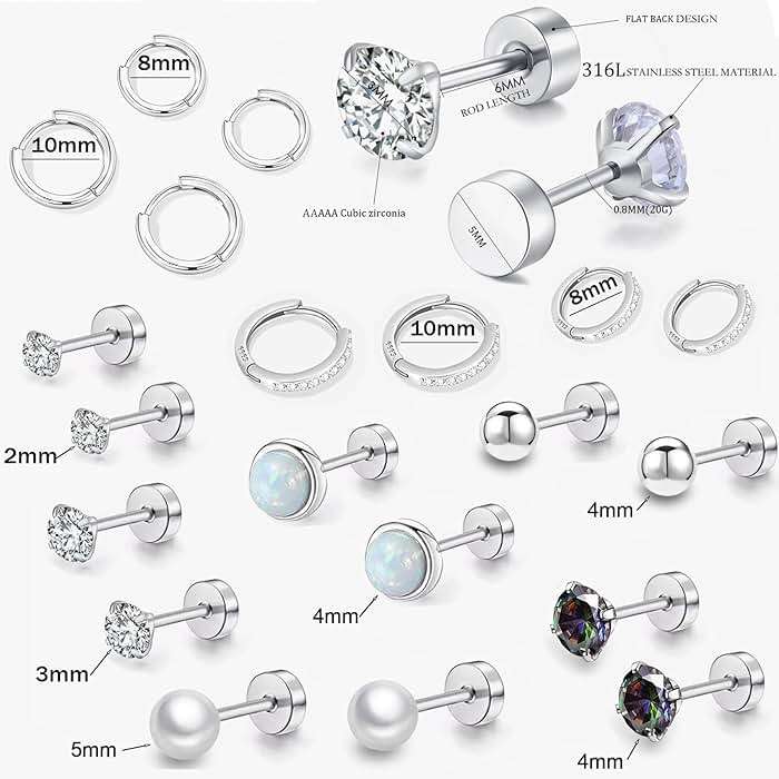 Surgical Steel Flat Back Earrings Set for Multiple Piercing Sensitive Ears,Sterling Silver Hypoallergenic Small Cartilage Huggie Hoop Earrings Titanium Tiny CZ Pearl Opal Stud Earrings for Women - Image 8