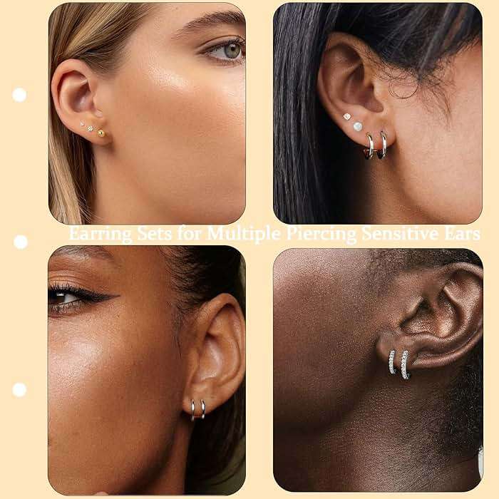 Surgical Steel Flat Back Earrings Set for Multiple Piercing Sensitive Ears,Sterling Silver Hypoallergenic Small Cartilage Huggie Hoop Earrings Titanium Tiny CZ Pearl Opal Stud Earrings for Women - Image 9