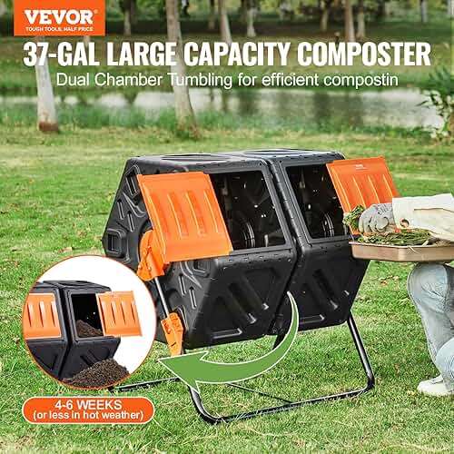 VEVOR Compost Bin, 37-Gal Dual Chamber Composting Tumbler, High Volume Two Rotating Chambers with 2 Sliding Door and Steel Frame, BPA Free Composter Bin Tumbler for Garden, Kitchen, Yard, Outdoor - Image 2