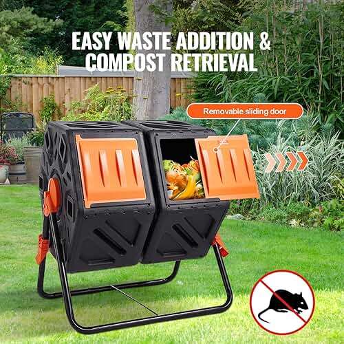 VEVOR Compost Bin, 37-Gal Dual Chamber Composting Tumbler, High Volume Two Rotating Chambers with 2 Sliding Door and Steel Frame, BPA Free Composter Bin Tumbler for Garden, Kitchen, Yard, Outdoor - Image 3